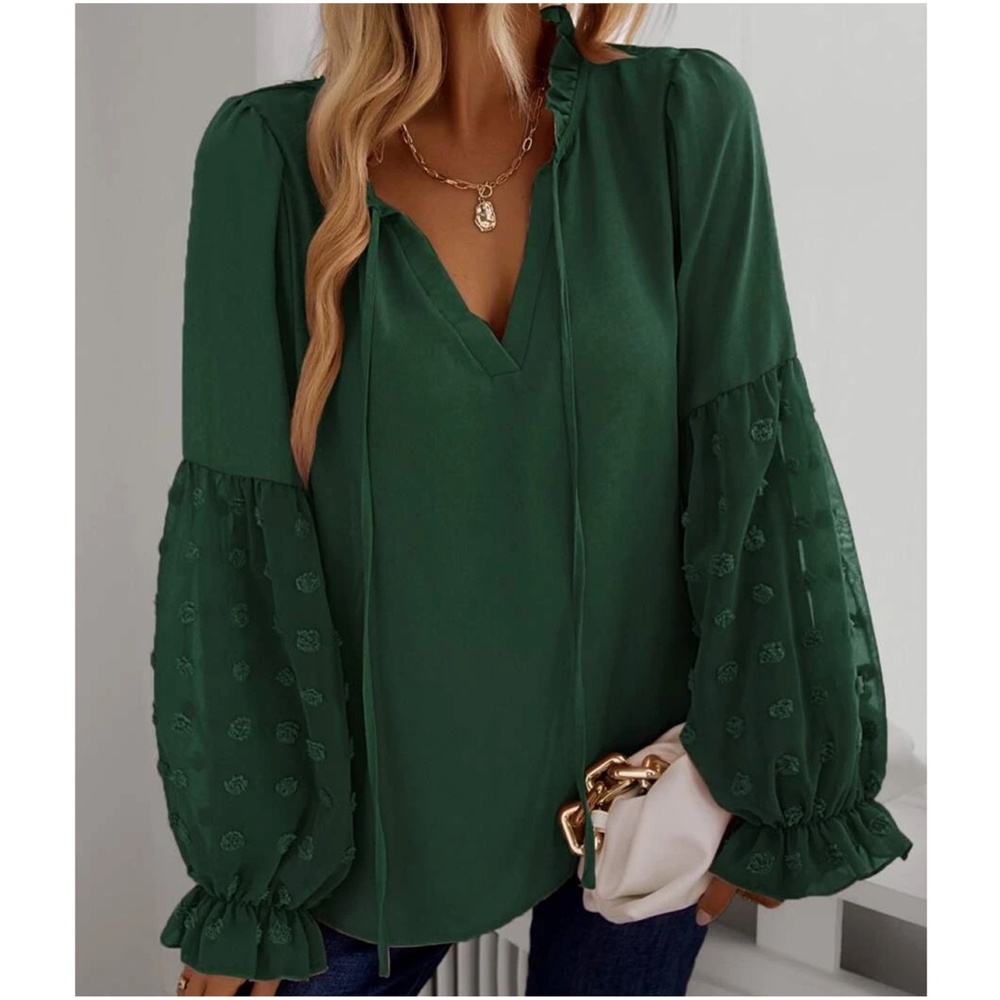 Boho Swiss Dot Sheer Sleeve Ruffle Blouse - Picture 11 of 14
